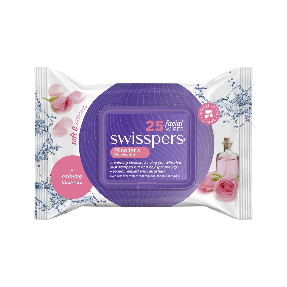 6 x Swisspers Facial Wipes Micellar & Rosewater 25 Pack