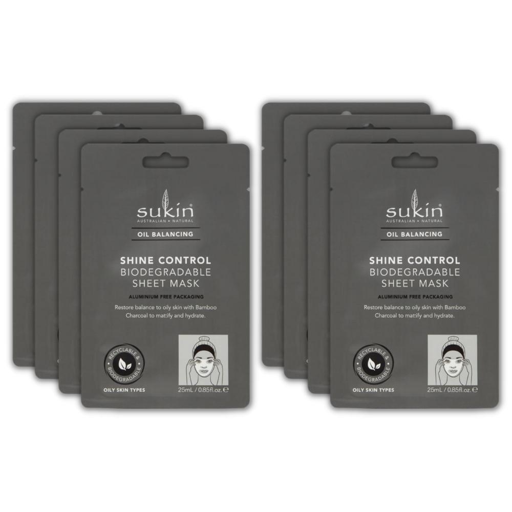 8 x Sukin Oil Balancing Shine Control Biodegradable Sheet Mask 25mL