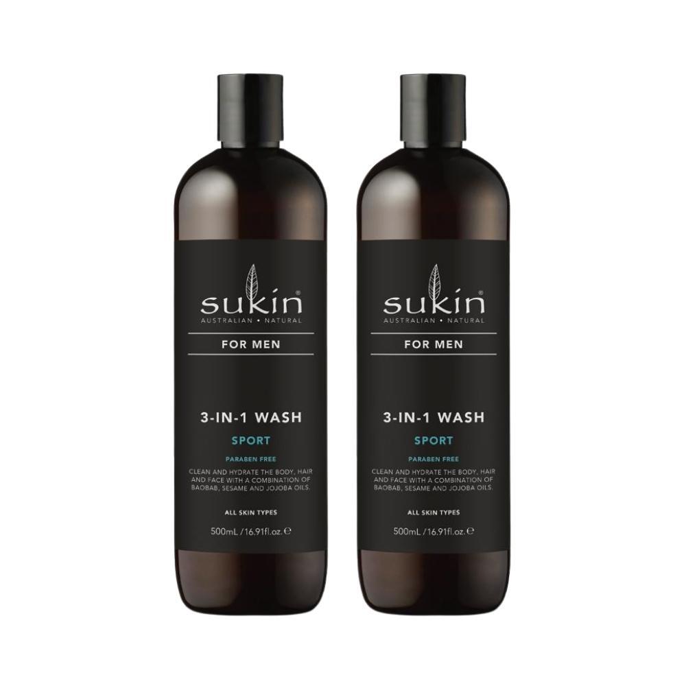 2 x Sukin For Men 3-In-1 Wash Sport 500mL