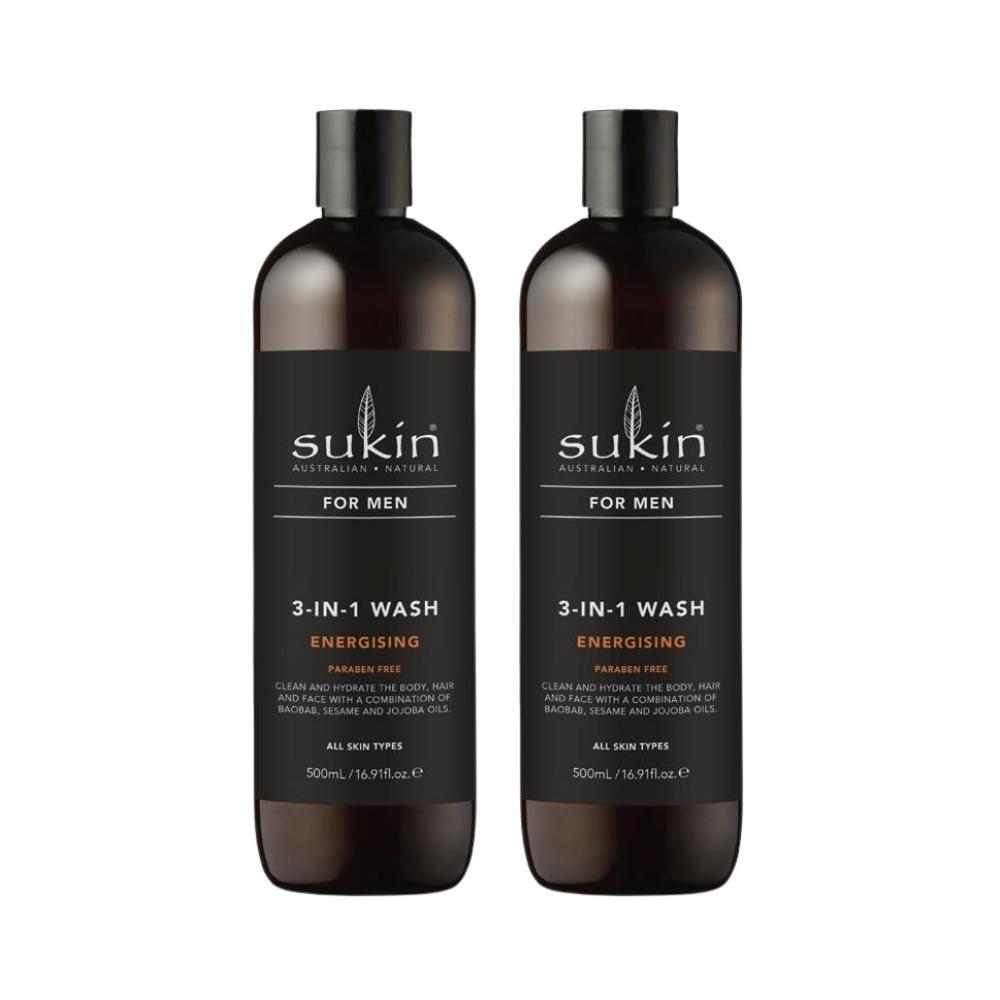 2 x Sukin For Men 3-In-1 Wash Energising 500mL