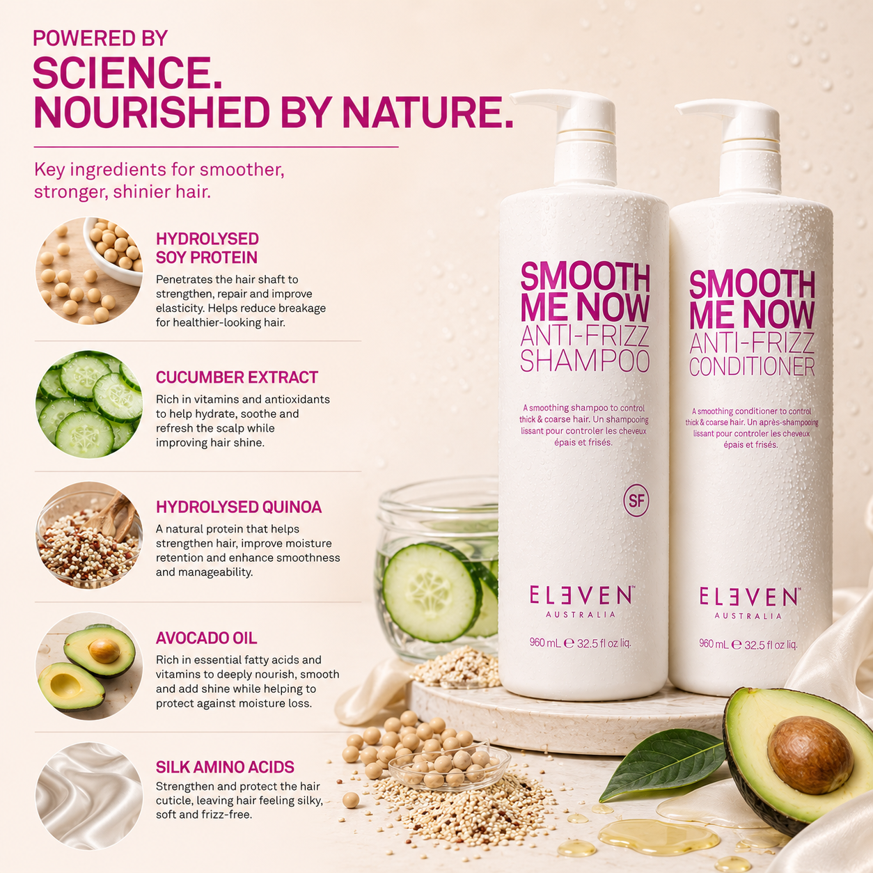 Eleven Australia Smooth Me Now Anti-Frizz Shampoo & Conditioner 960mL Duo