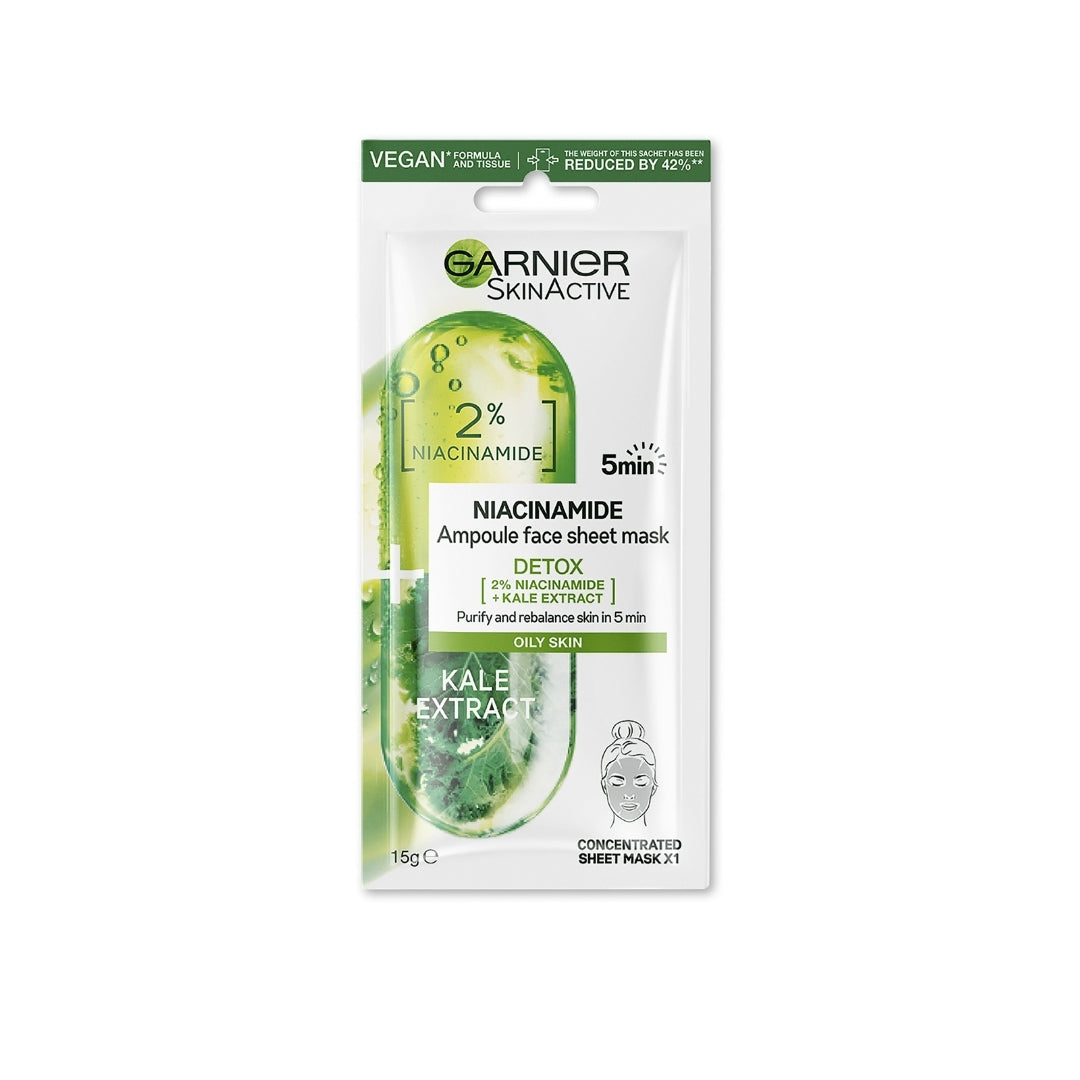 20 x Garnier SkinActive Niacinamide Detox Ampoule Sheet Face Mask 15g - Kale Extract