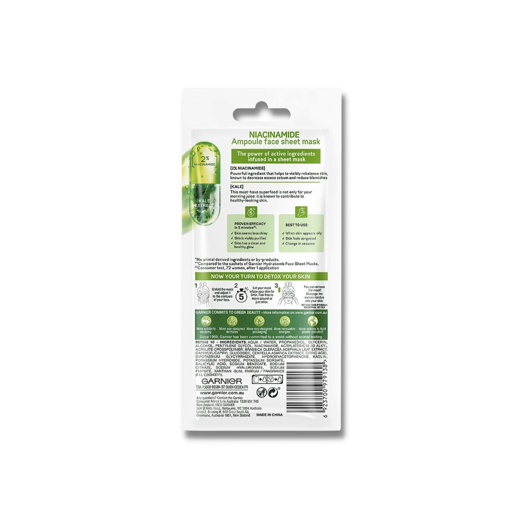 20 x Garnier SkinActive Niacinamide Detox Ampoule Sheet Face Mask 15g - Kale Extract