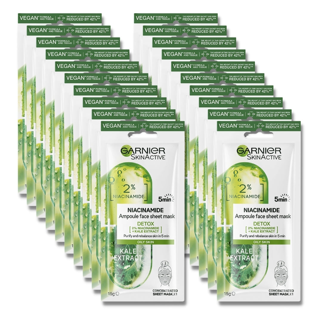 20 x Garnier SkinActive Niacinamide Detox Ampoule Sheet Face Mask 15g - Kale Extract