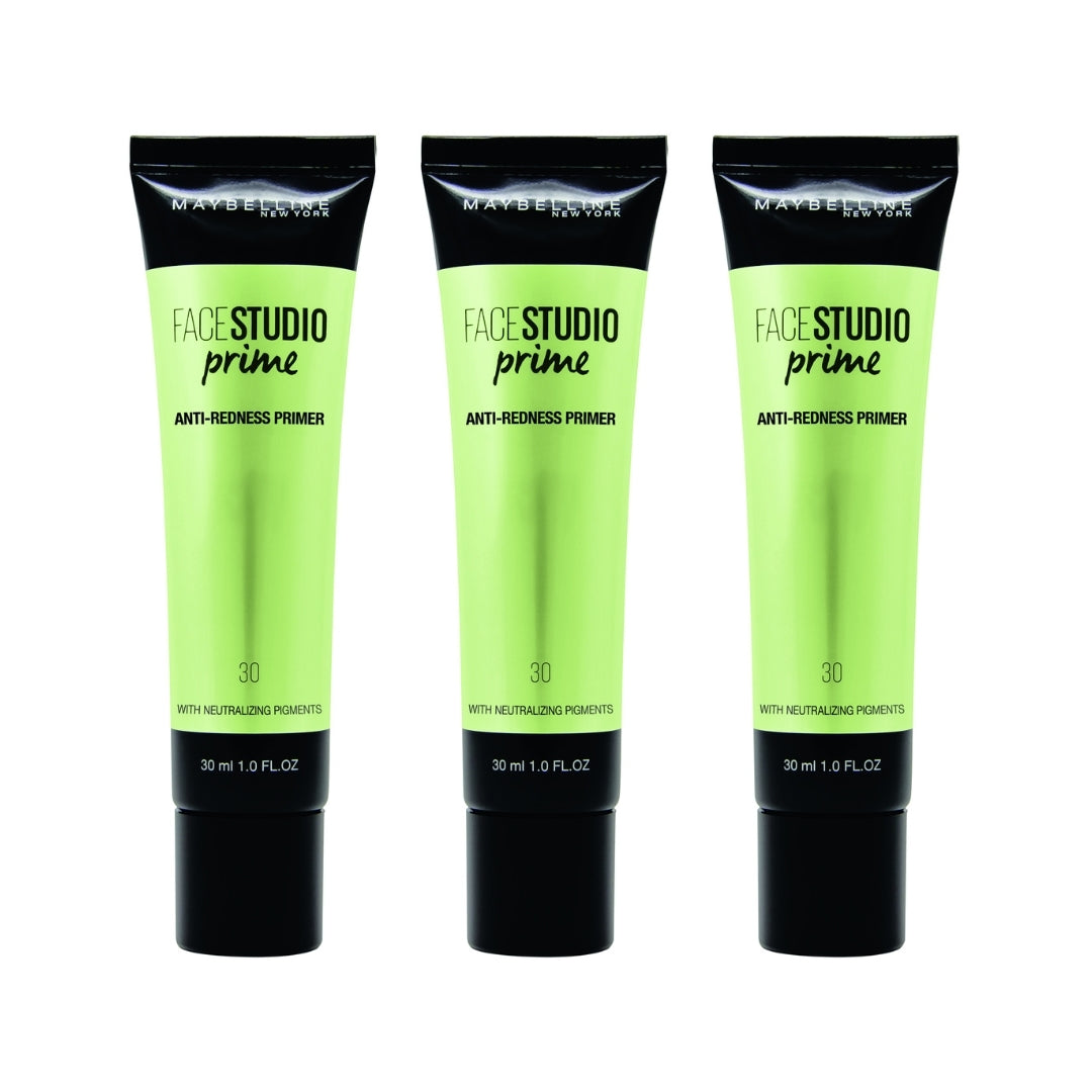 3 x Maybelline Face Studio Prime Anti-Redness Primer 30mL - 30 with Neutralizing Pigments