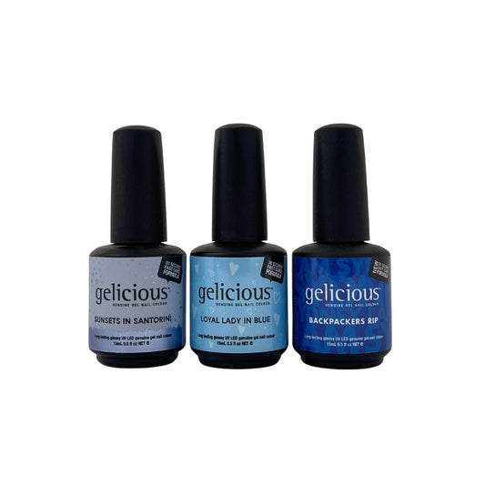 Gelicious Trio Kit - Sunsets in Santorini, Loyal Lady in Blue & Backpackers Rip 3 x 15mL