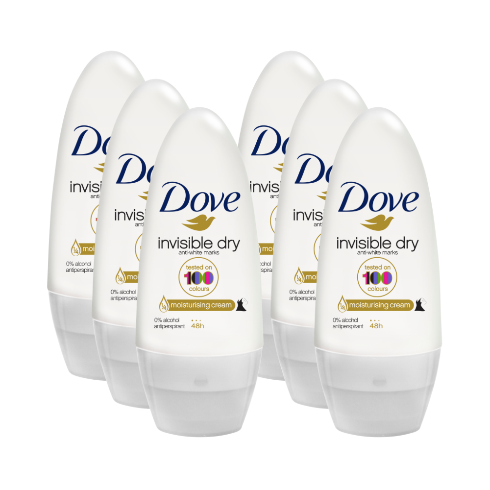 6 x Dove Invisible Dry Deodorant Roll On Anti-White Marks 50mL