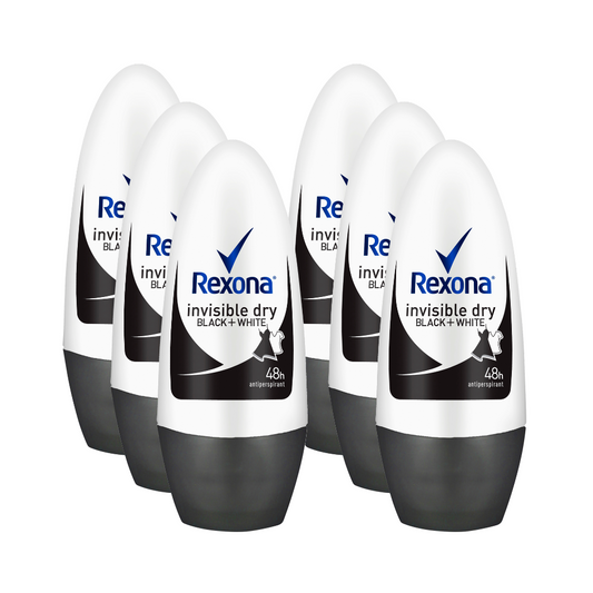 6 x Rexona Invisible Dry Black + White Deodorant Roll On 50mL