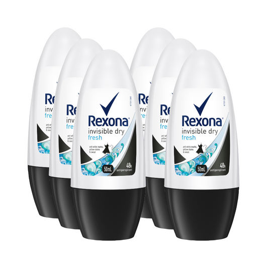 6 x Rexona Invisible Dry Deodorant Roll On Fresh 50mL