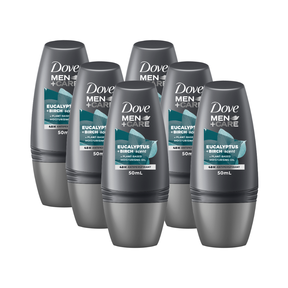 6 x Dove Men+Care Deodorant Roll On Eucalyptus & Birch Scent 50mL