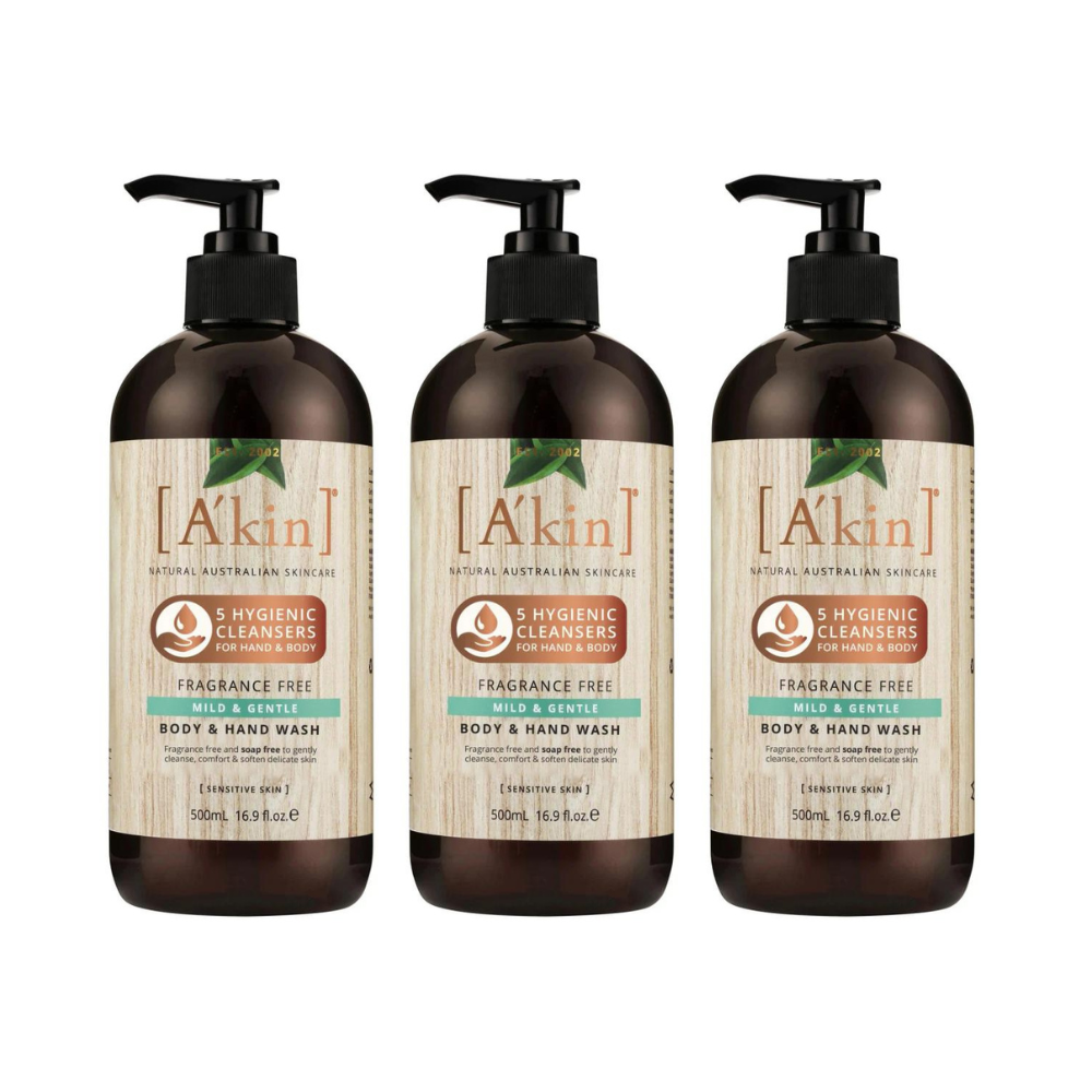 3 x A'kin Fragrance Free Mild & Gentle Body & Hand Wash 500mL