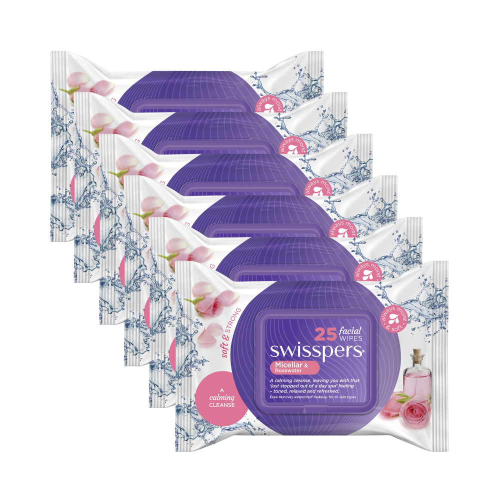 6 x Swisspers Facial Wipes Micellar & Rosewater 25 Pack