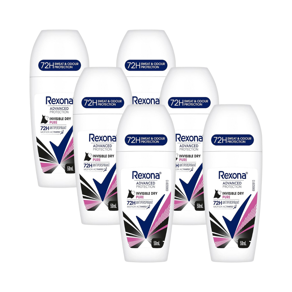 6 x Rexona Advanced Protection Roll On Deodorant Invisible Dry Pure Women 50mL