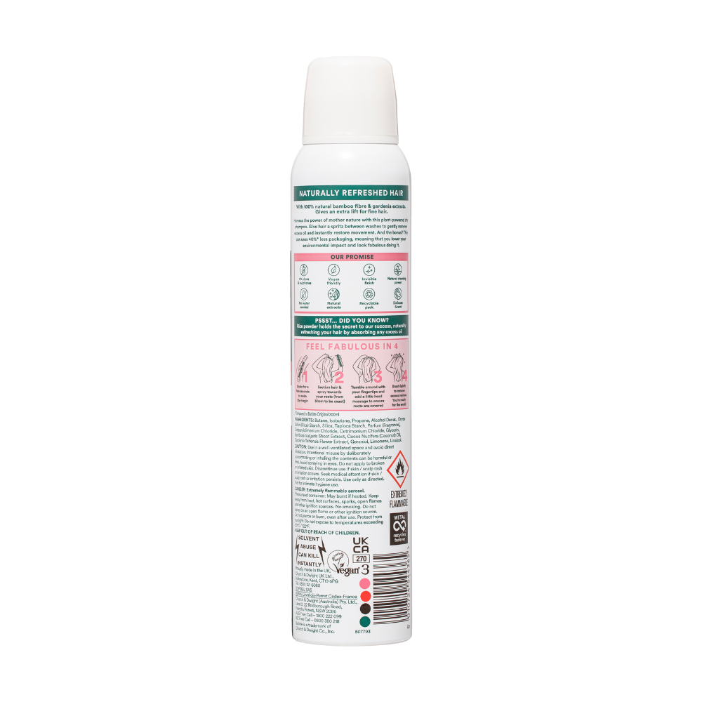 6 x Batiste Naturally Dry Shampoo Bamboo Fibre And Gardenia 200mL