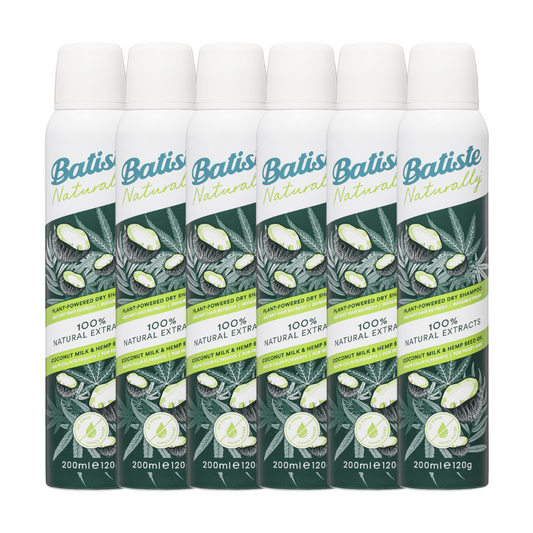 6 x Batiste Naturally Dry Shampoo Coconut Milk & Hemp Seed Oil 200mL