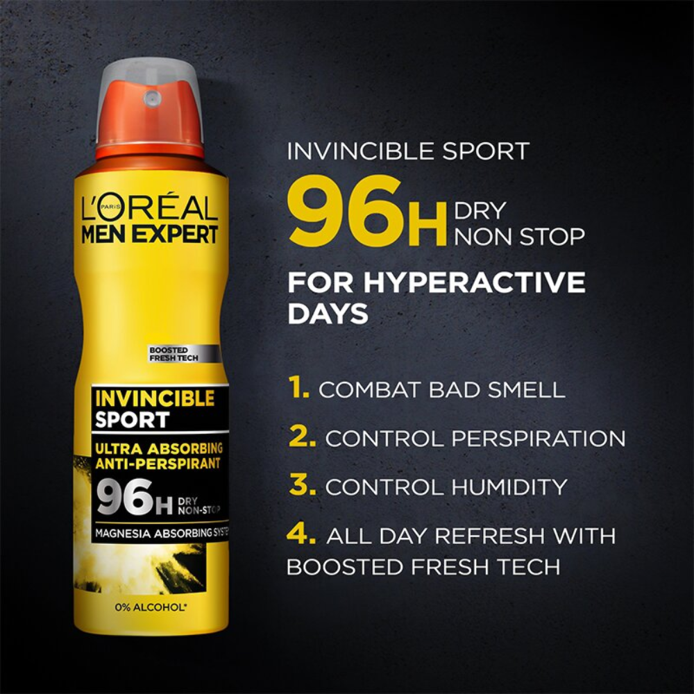 6 x L'Oreal Paris Men Expert Invincible Sport 96HR Antiperspirant Spray Deodorant 250mL