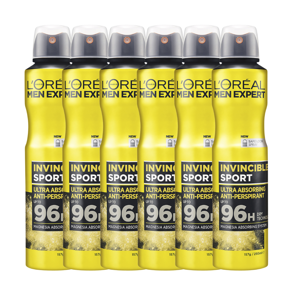 6 x L'Oreal Paris Men Expert Invincible Sport 96HR Antiperspirant Spray Deodorant 250mL