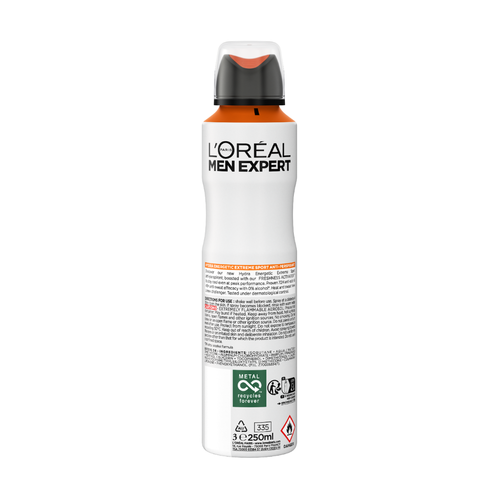 6 x L'Oreal Paris Men Expert Hydra Energetic Extreme Sport 72HR Antiperspirant Spray Deodorant 250mL