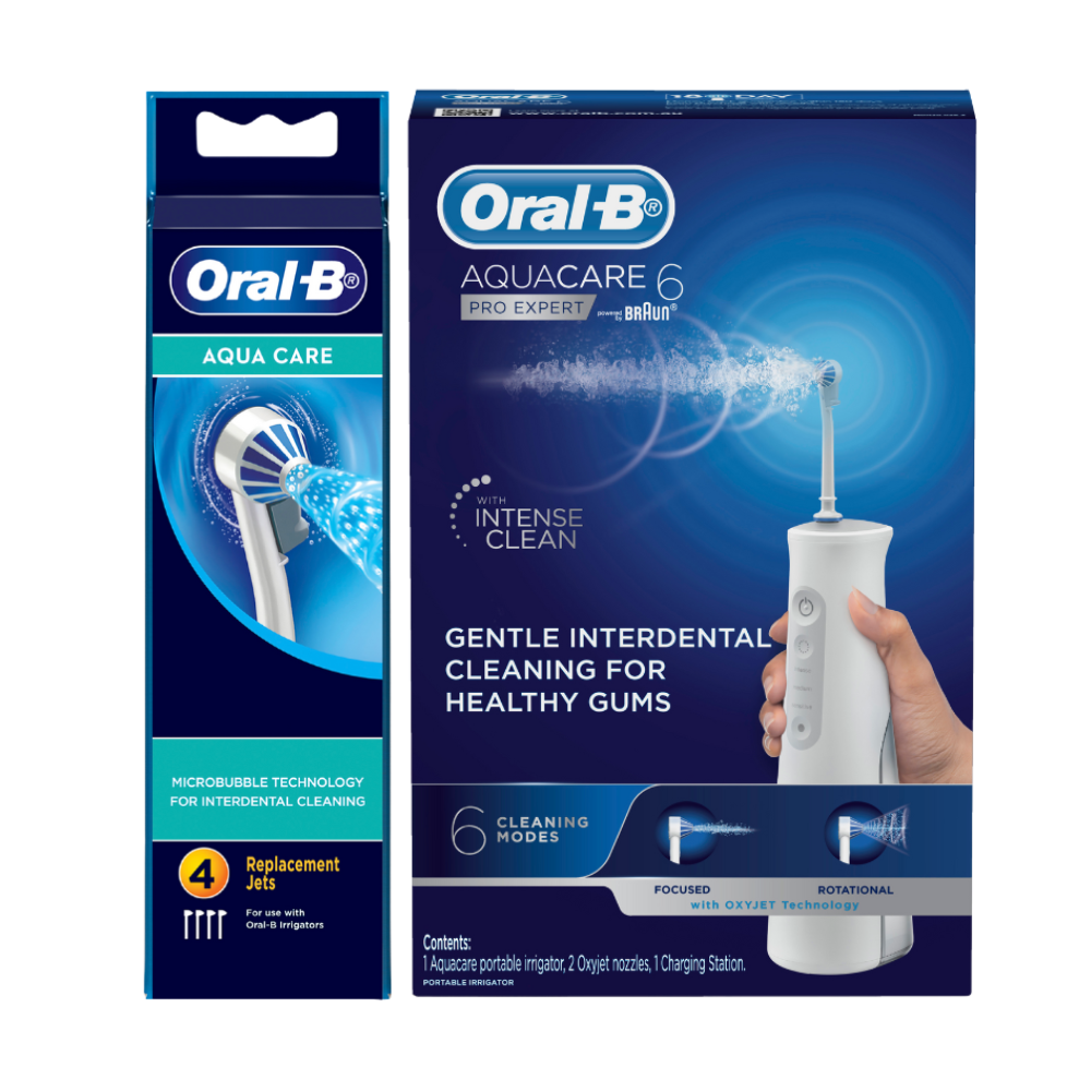 Oral-B AquaCare 6 Pro Expert Portable Irrigator Water Flosser + Replacement Jets 4 Pack Kit
