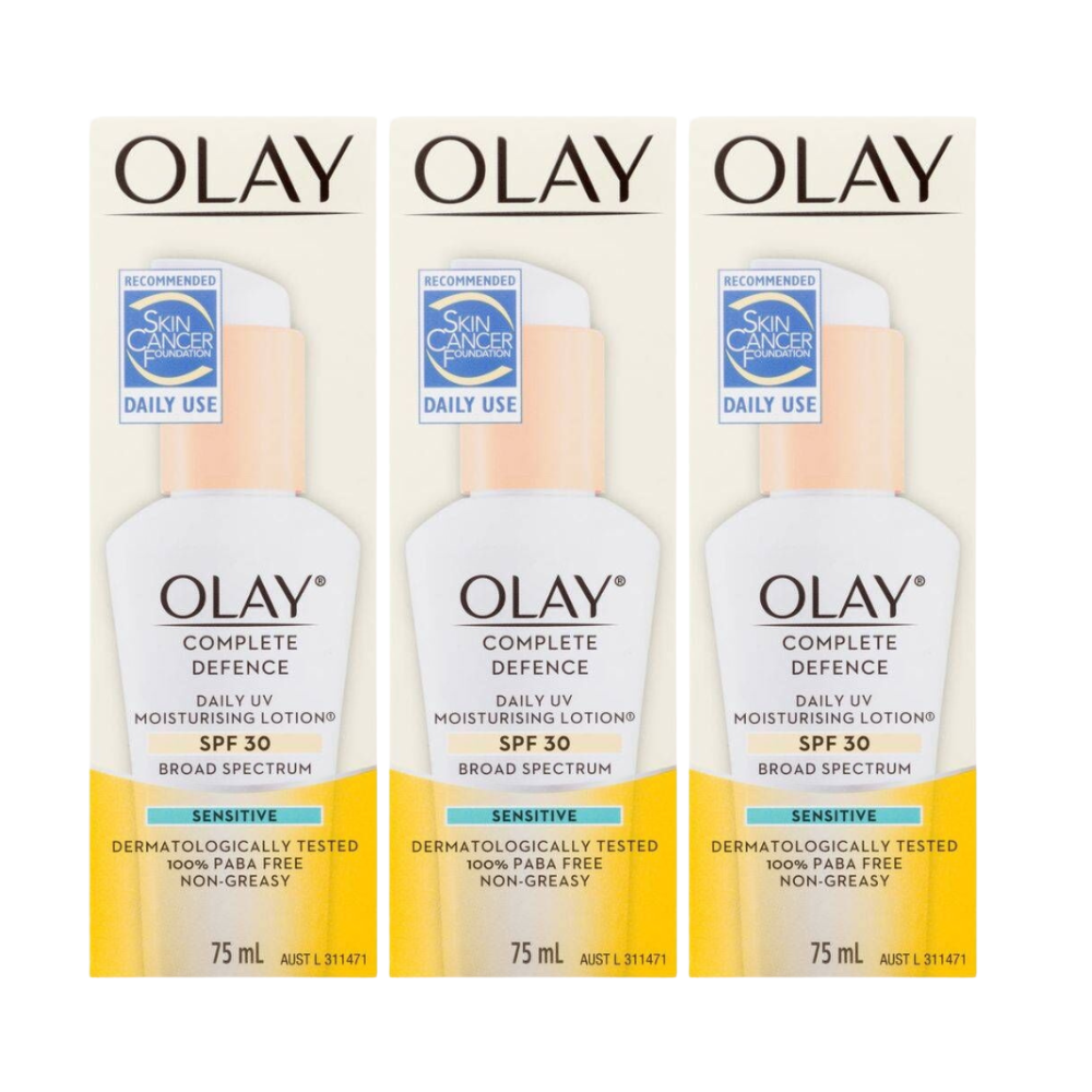 3 x Olay Complete Defence Daily UV Moisturising Lotion Sensitive SPF30 75mL