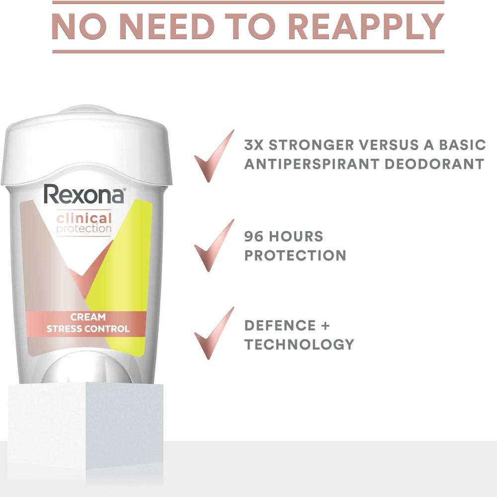 6 x Rexona Clinical Protection 96H Stress Control Antiperspirant Cream Deodorant 45mL