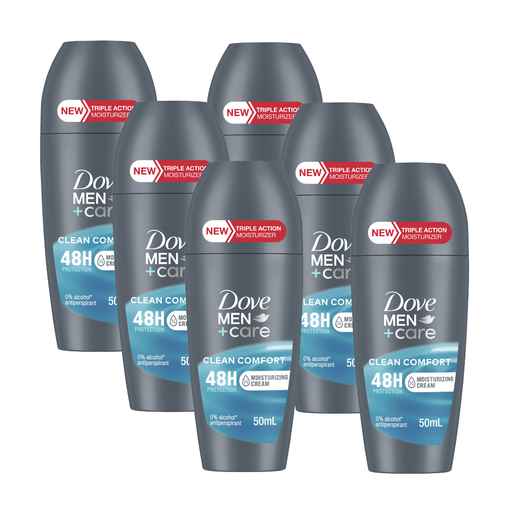 6 x Dove Men+Care 48H Protection Clean Comfort Antiperspirant Deodorant Roll On 50mL