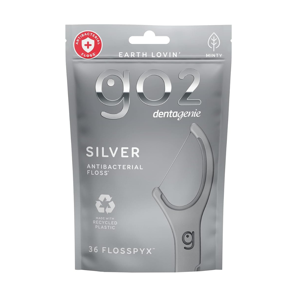 6 x Go2 Dentagenie Silver Antibacterial Floss Minty Flosspyx 36 Pack