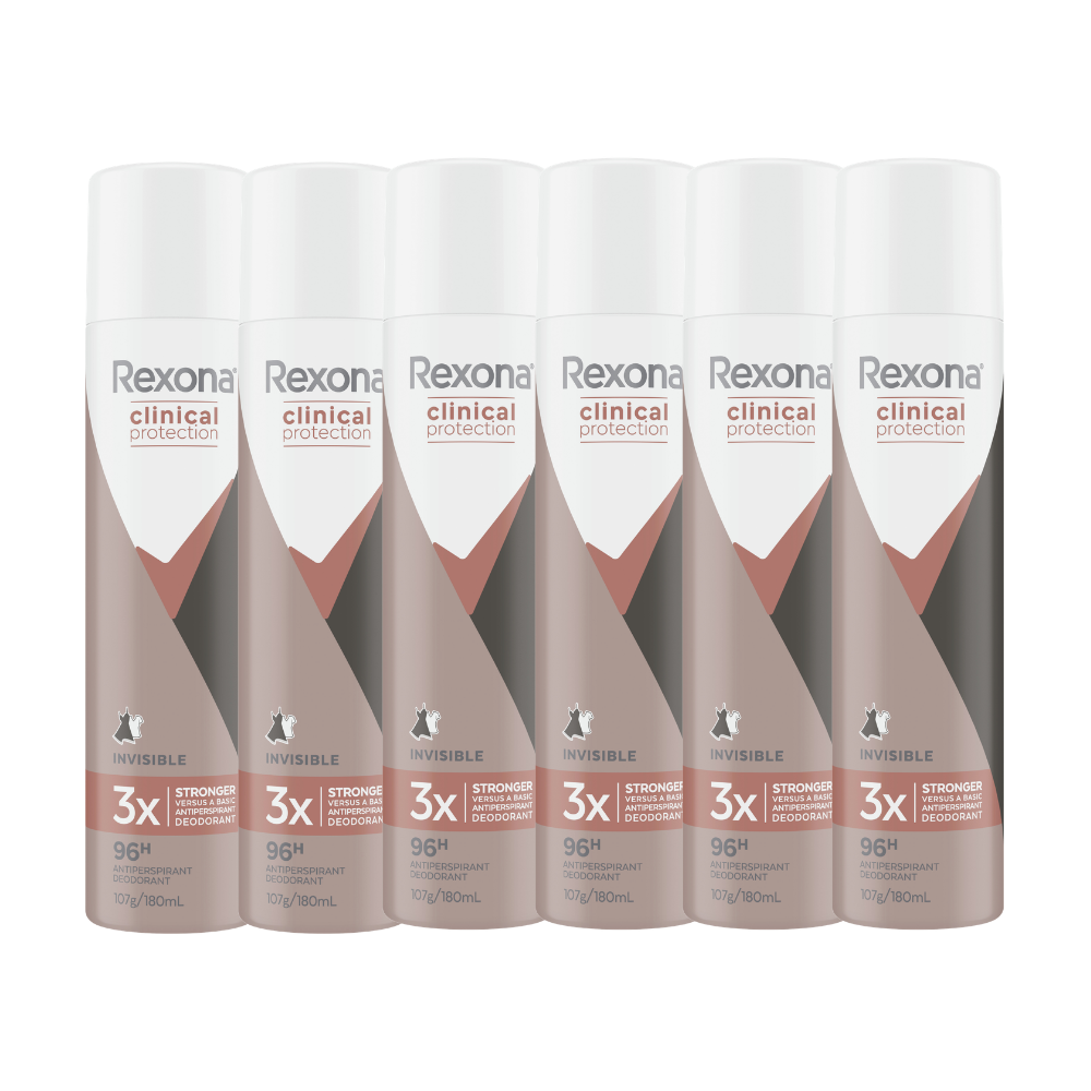 6 x Rexona Clinical Protection 96H Invisible Antiperspirant Spray Deodorant 180mL