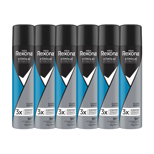 6 x Rexona Men Clinical Protection 96H Antiperspirant Spray Deodorant Clean Scent 180mL