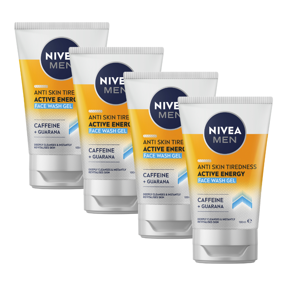 4 x Nivea Men Active Energy Face Wash Gel Caffeine & Guarana 100mL